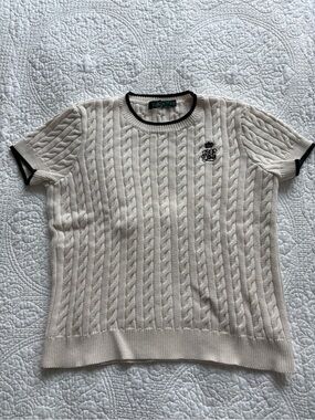 Lauren Ralph Lauren Cream Cable-Knit Short-Sleeve Sweater with Black Trim